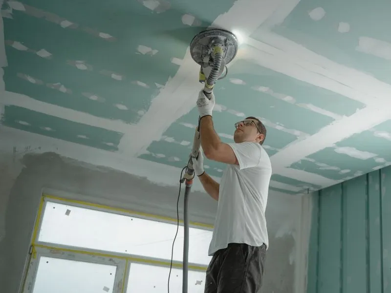 Crew member finishing the wall around a newly installed window