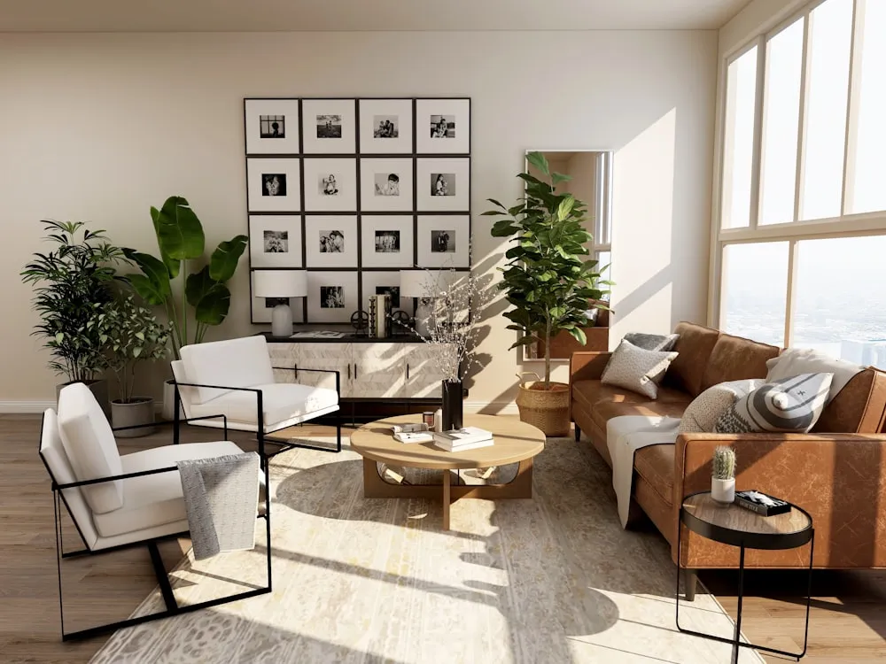 Bright living room with large new windows letting in natural light