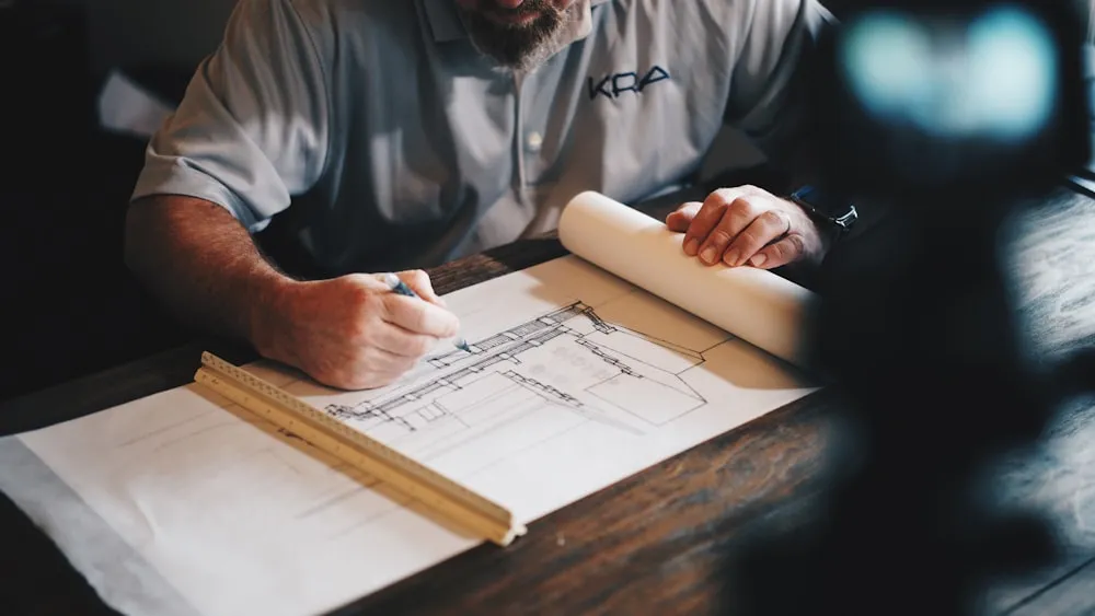 Contractor marking exact measurements on a project drawing